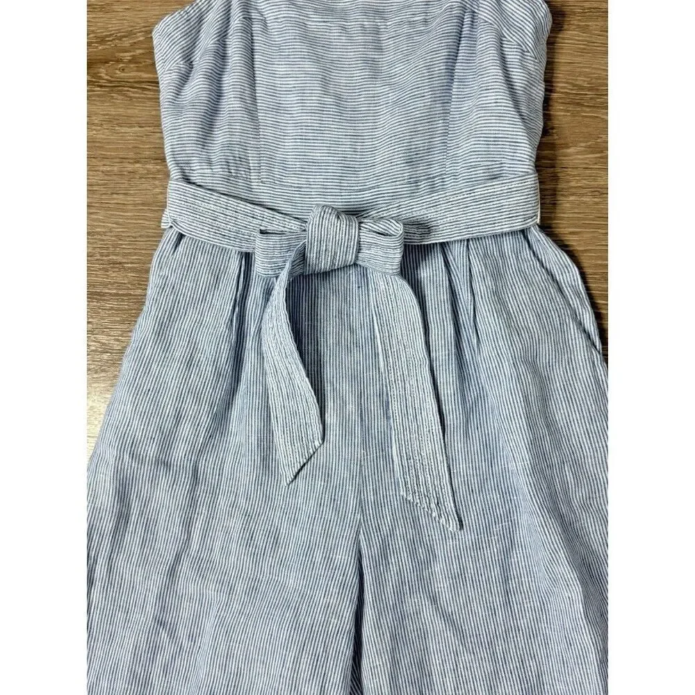 J. Crew Women’s Blue White Striped Linen Wide Leg Jumpsuit Preppy Size 0